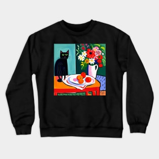 Black Cat with Still Life Flowers in a White Vase Still Life Painting Crewneck Sweatshirt